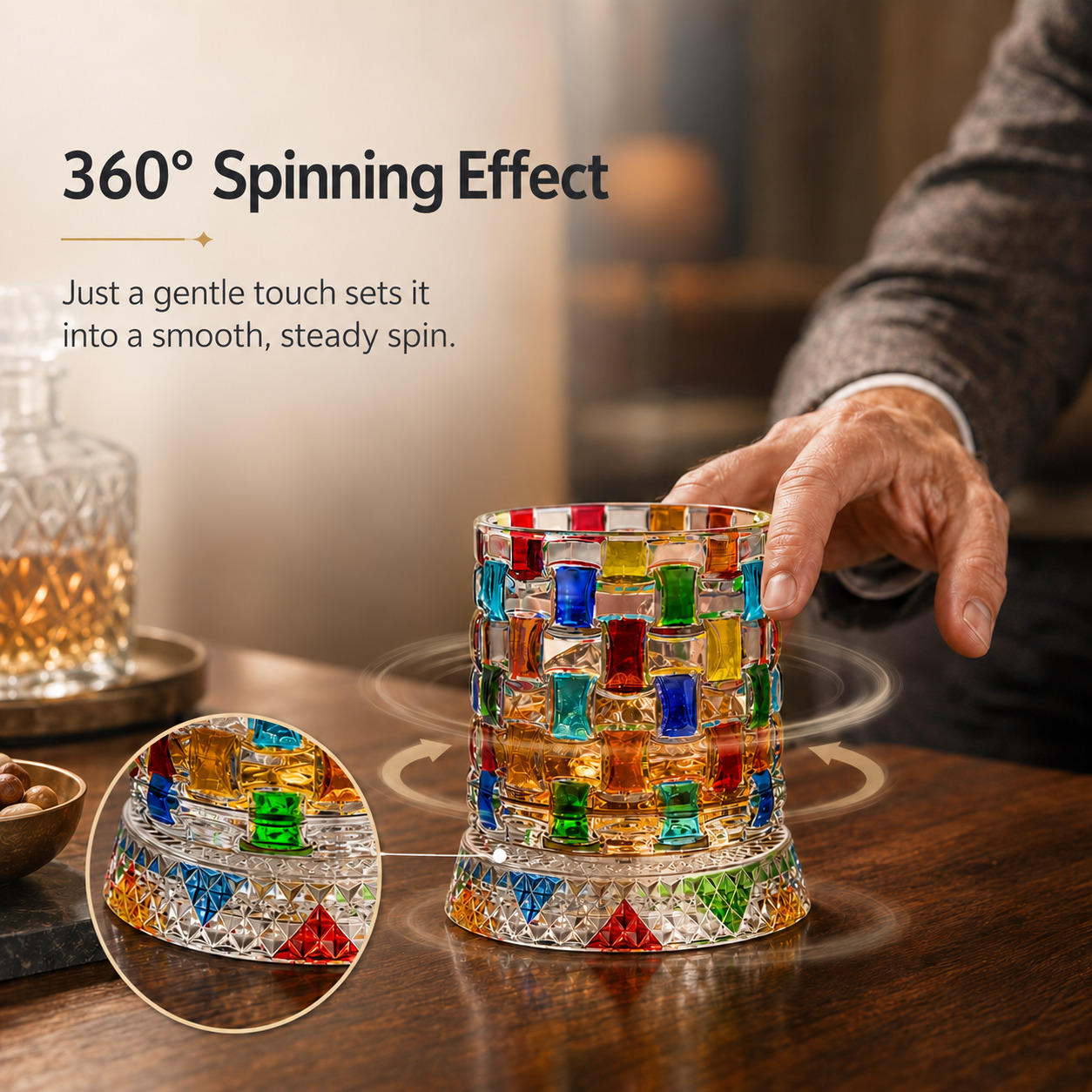 360 degree spinning effect of crystal whiskey glass