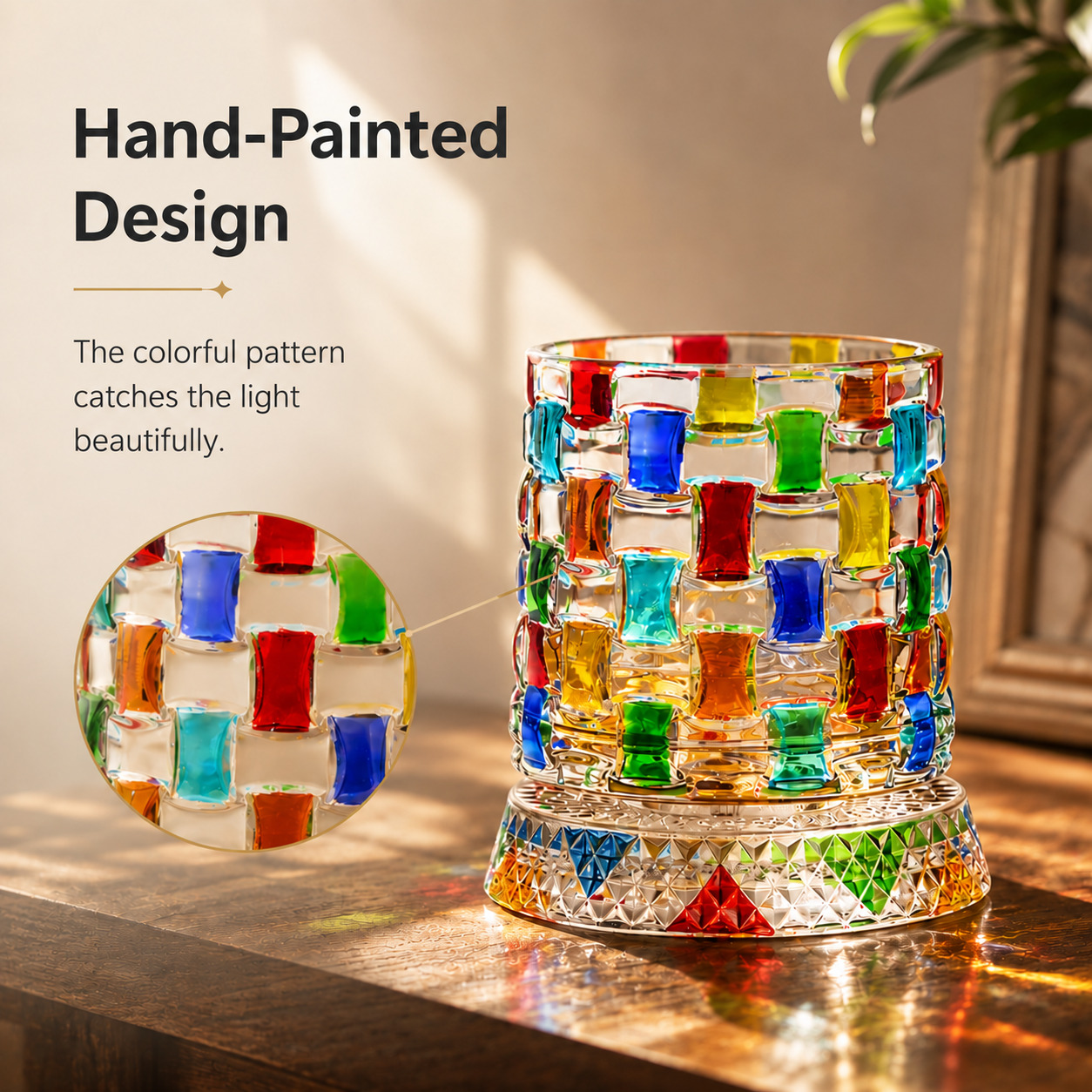Close up hand painted multicolor design on crystal whiskey glass