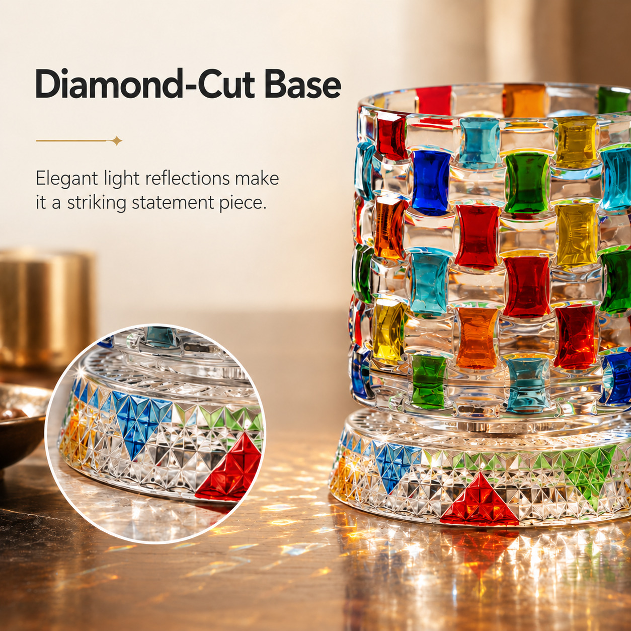 Diamond cut crystal style base of spinning whiskey glass