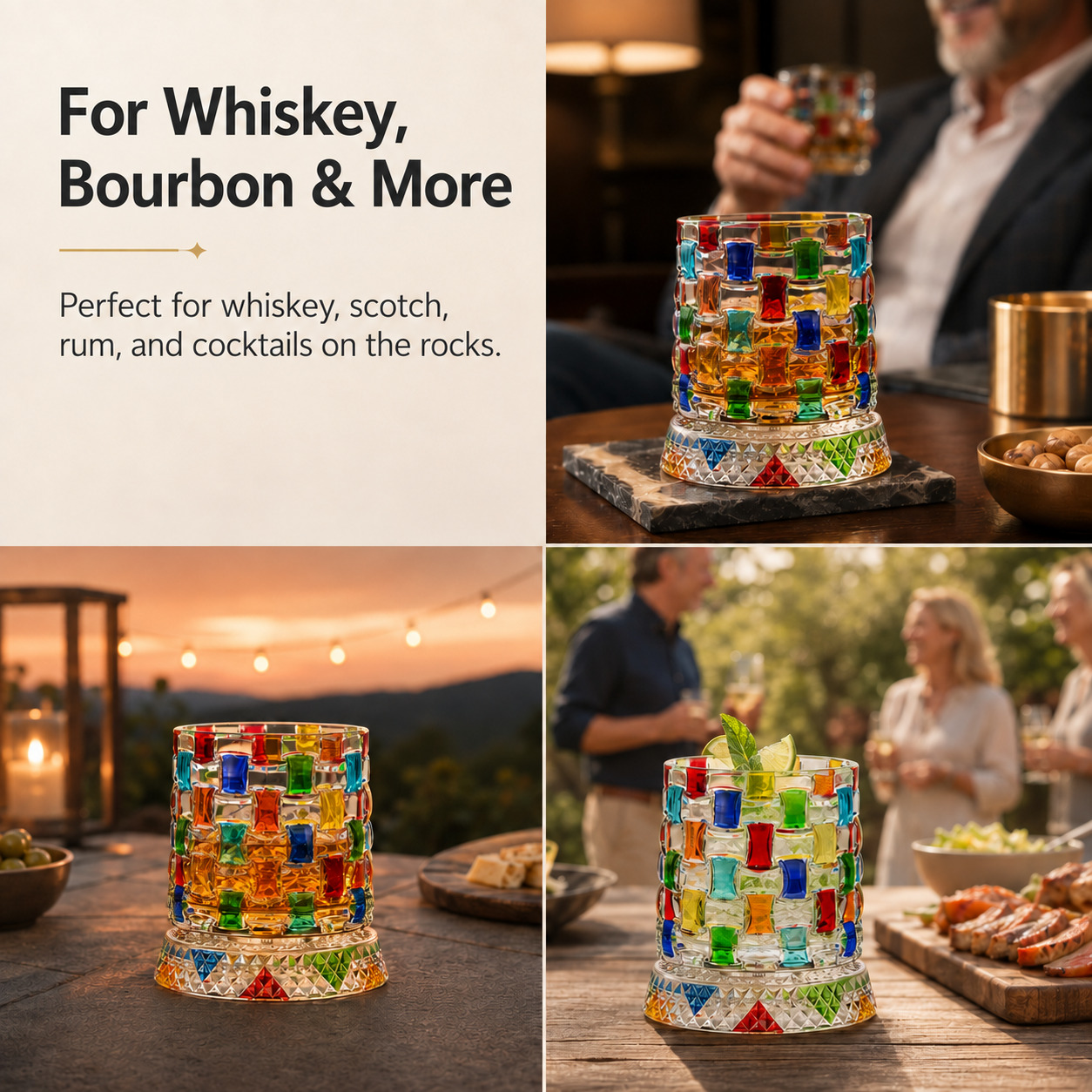 Crystal spinning glass used for whiskey bourbon cocktails and outdoor gatherings