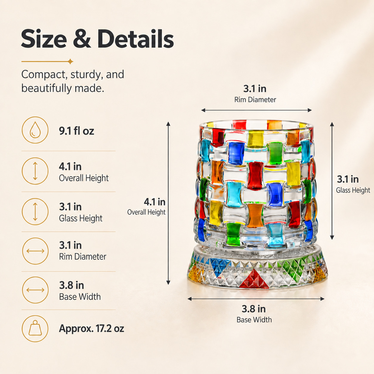 Dimensions and specifications of spinning crystal whiskey glass