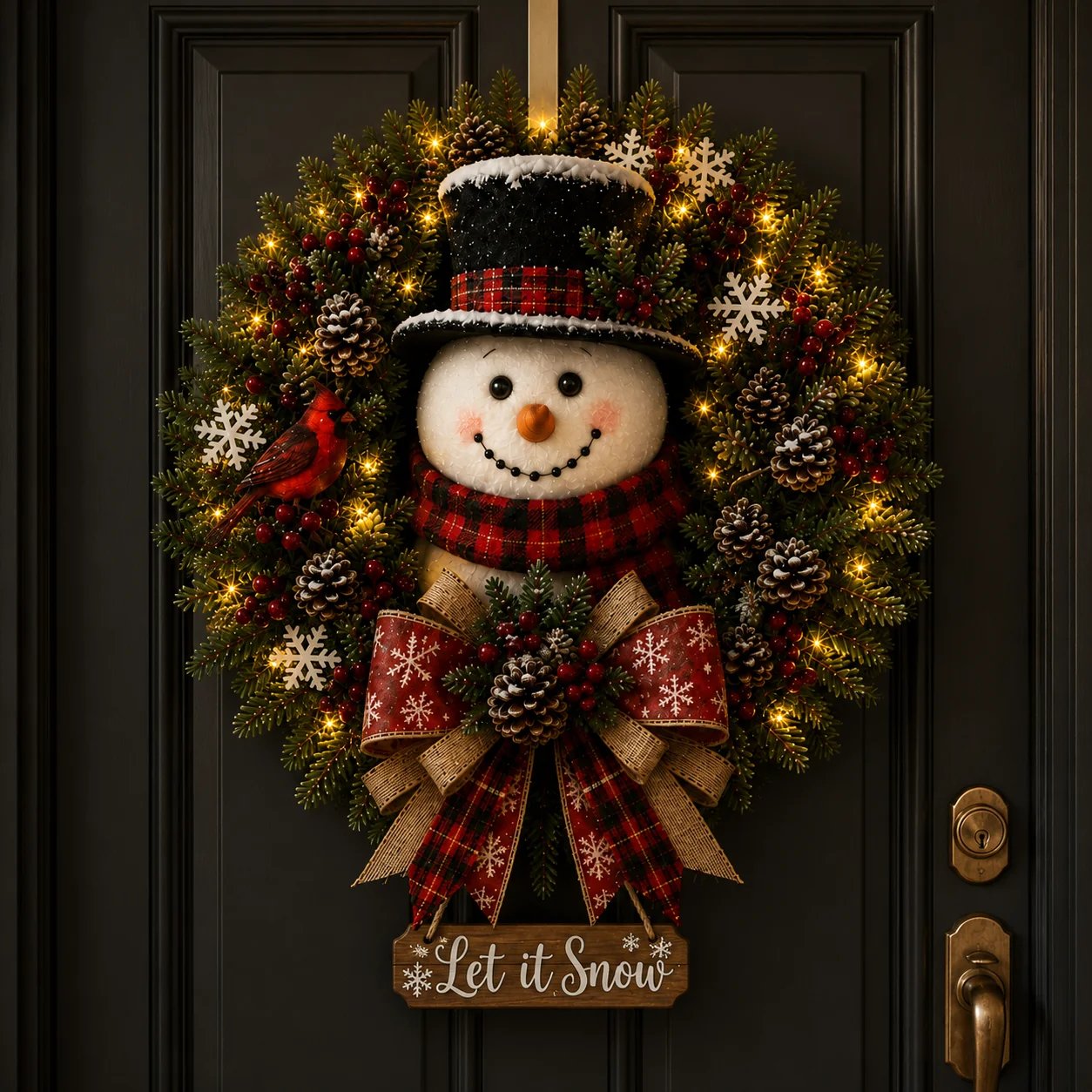 Snowman Lighted Christmas Wreath Close Up