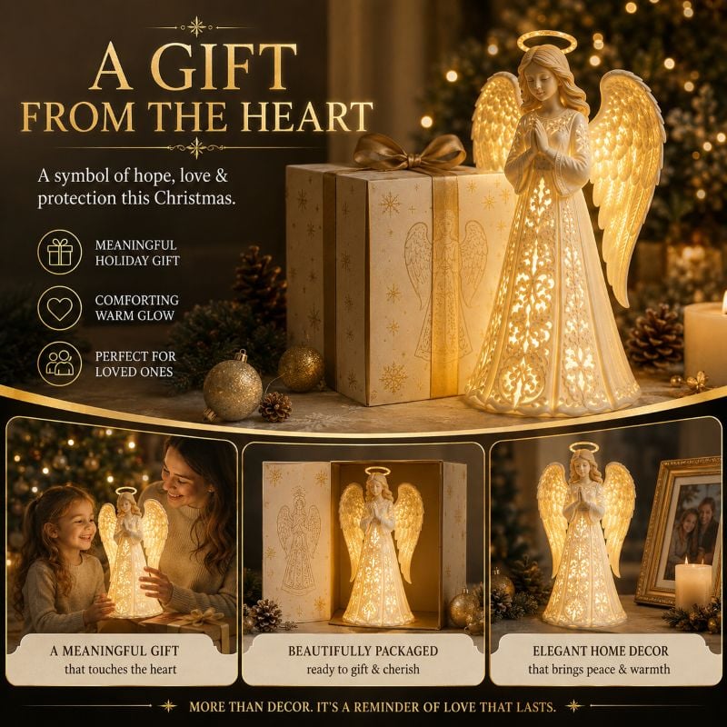 Angel Christmas Guardian Light beside holiday decor