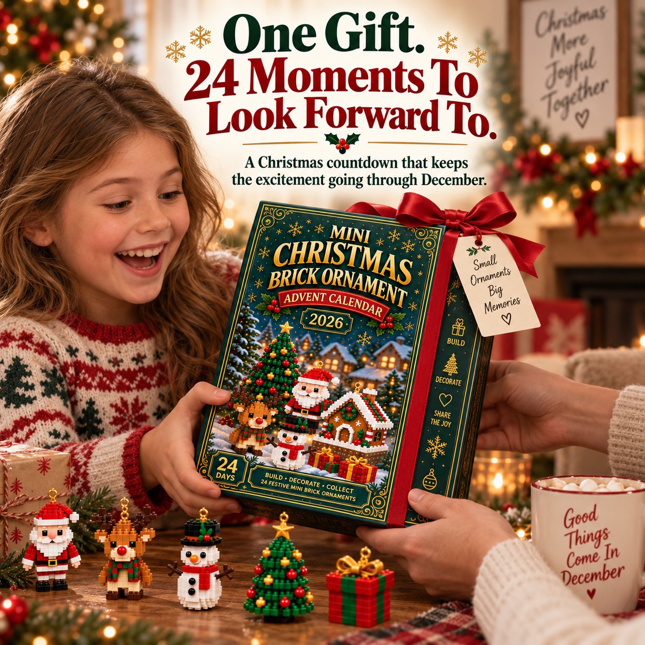 Mini bricks are assembled into Santa, a gingerbread house, and a Christmas carousel.
