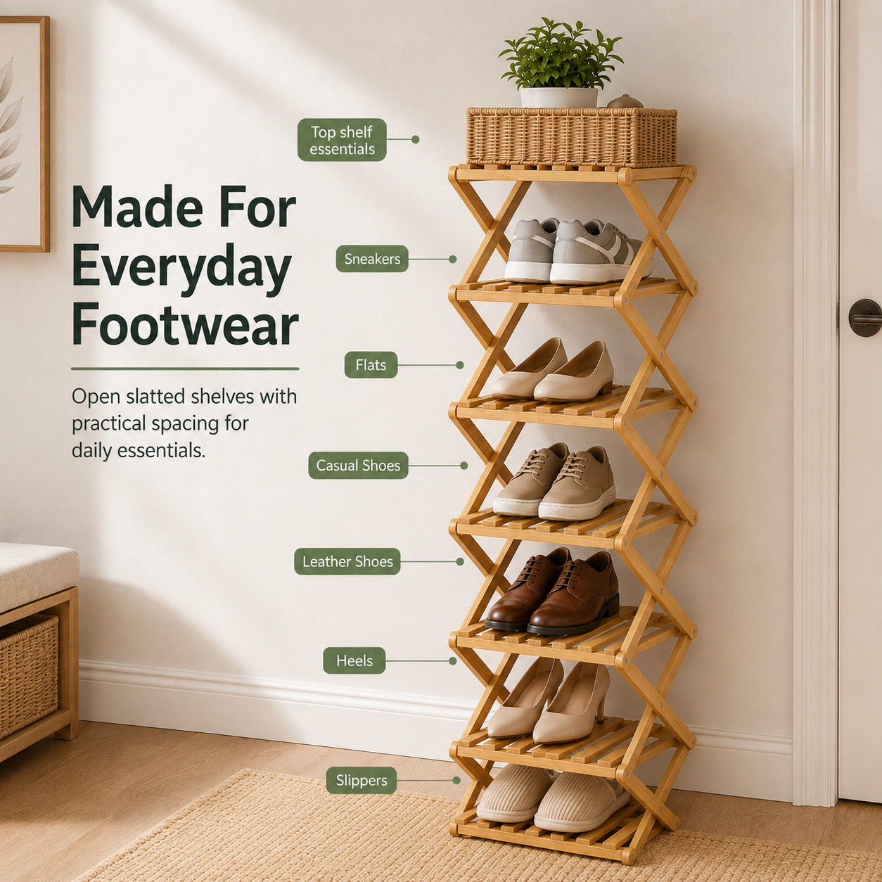 Foldable Bamboo Accordion Shoe Rack