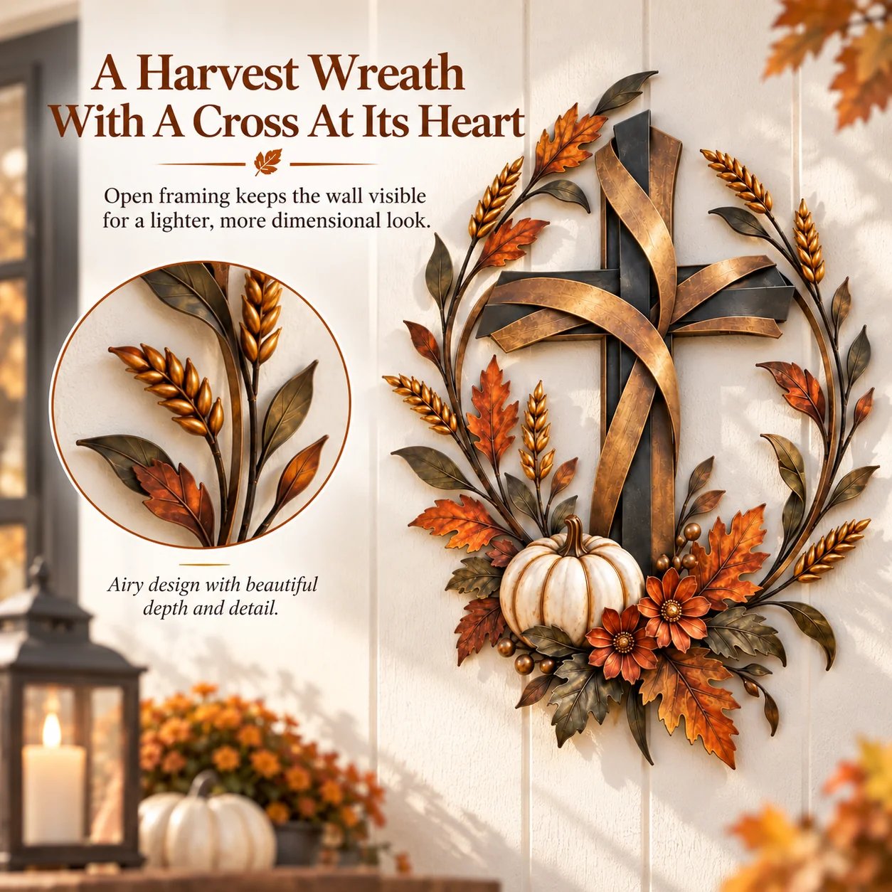Open branches around the Harvest cross allow the wall behind it to remain visible.