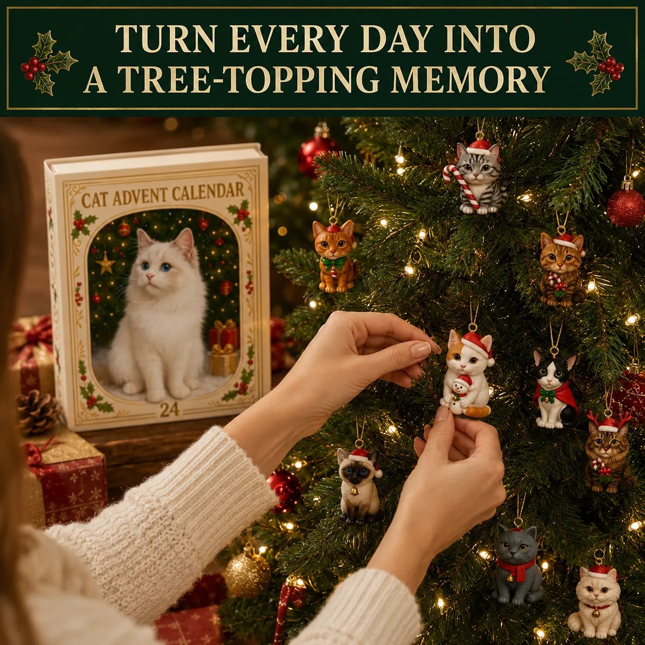 Christmas cat ornaments hanging on tree