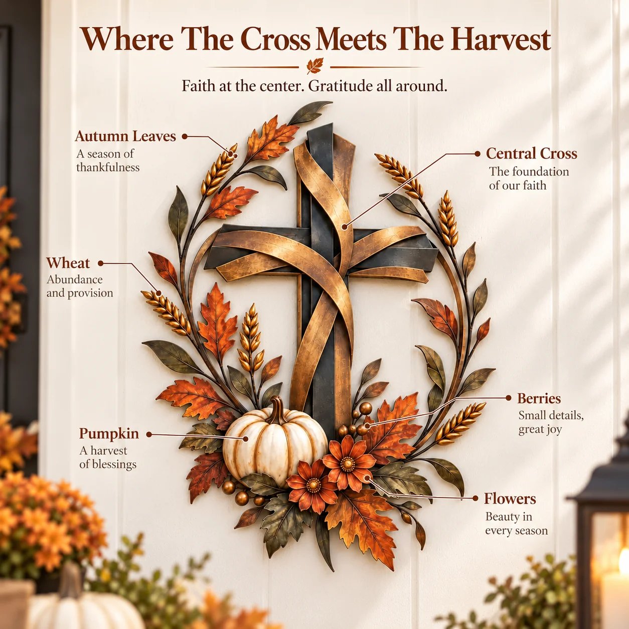 The central cross, autumn leaves, wheat, white pumpkin, flowers and berries in the Harvest design.