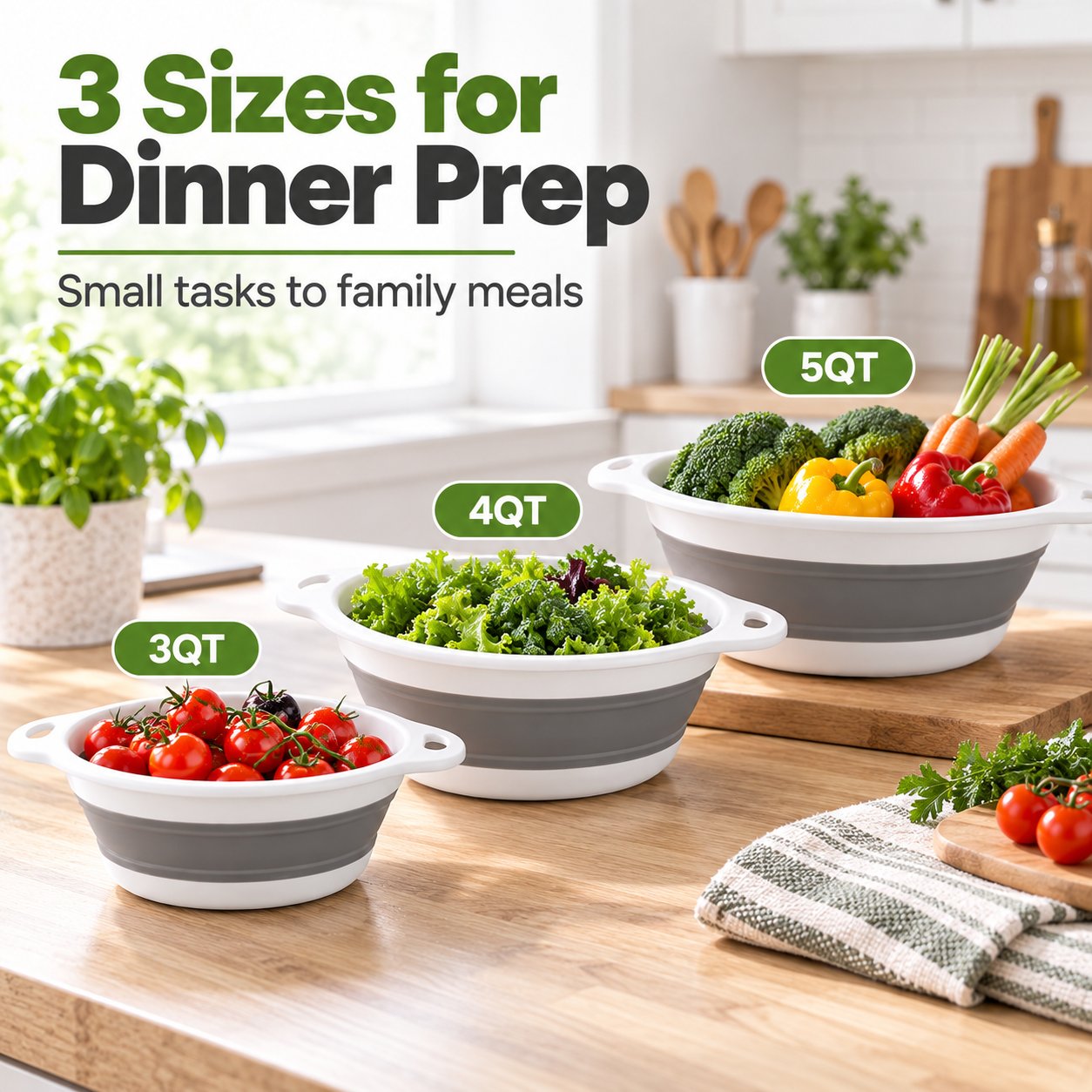 3QT 4QT and 5QT collapsible colanders