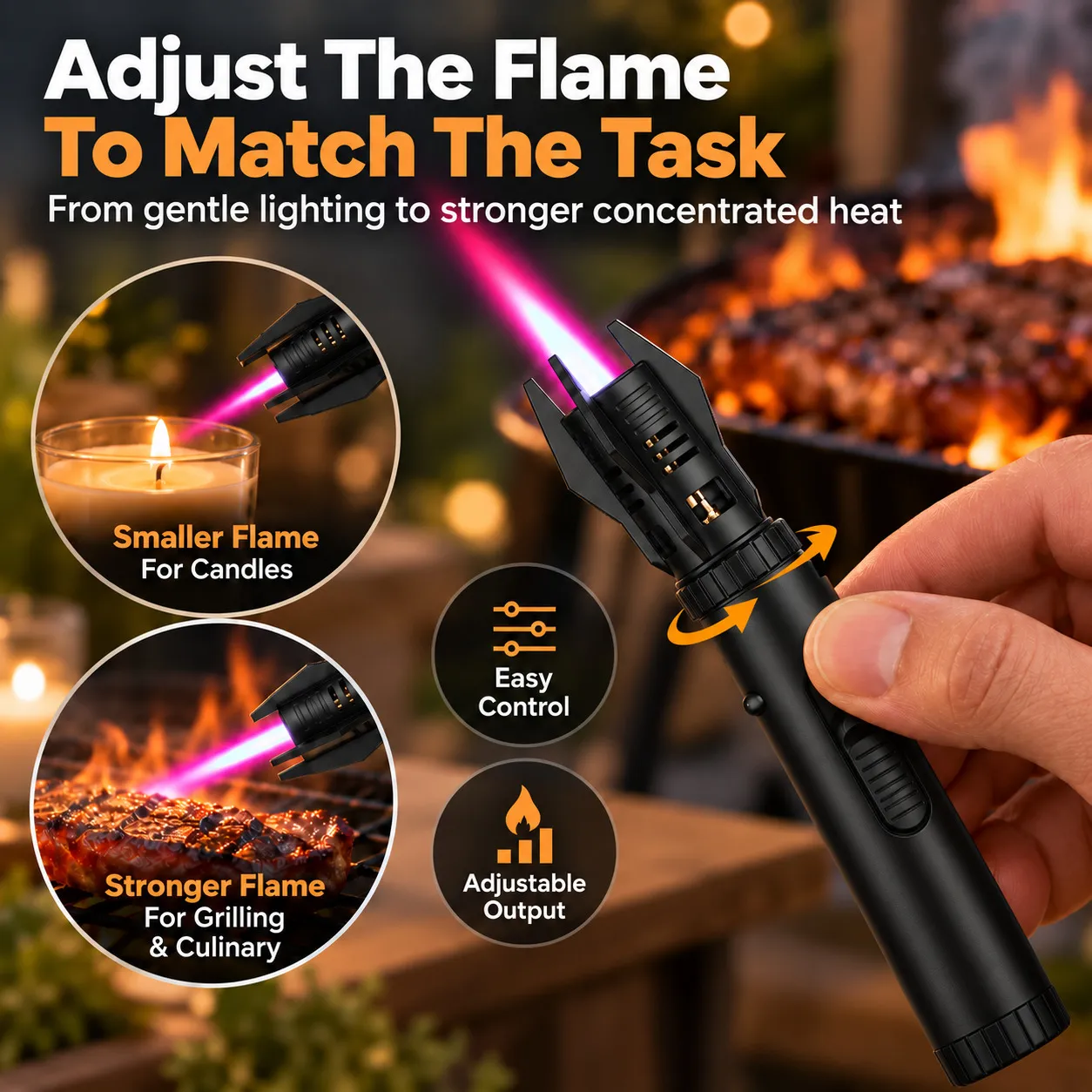 Adjustable flame control on turbo jet torch lighter