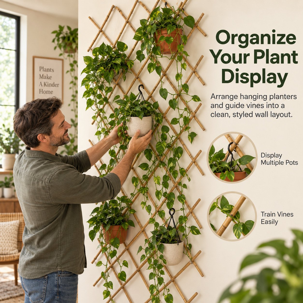 Bamboo wall trellis organizing hanging plants and climbing vines