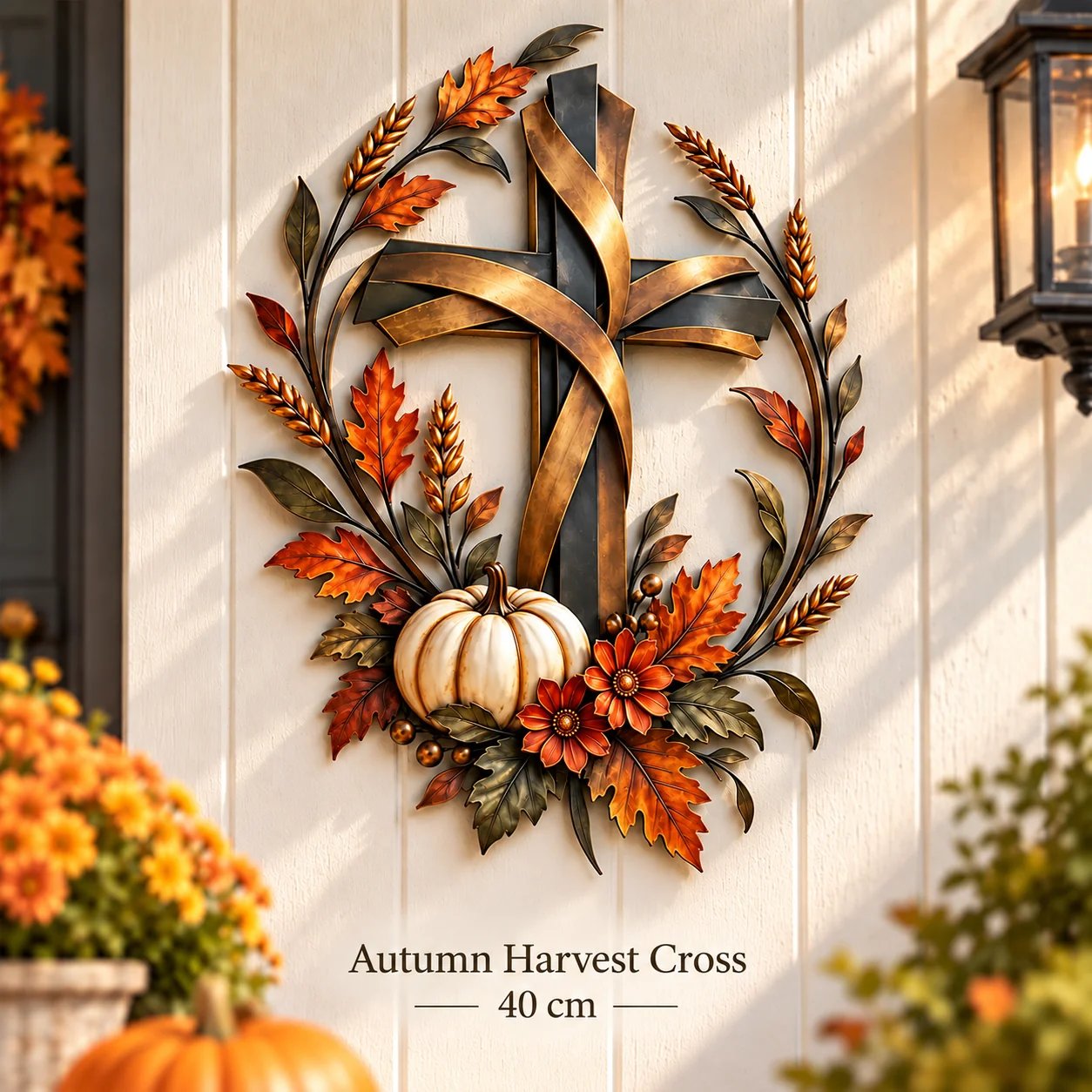A bronze-toned Autumn Harvest Cross with a white pumpkin and fall foliage, shown in the 40 cm size.