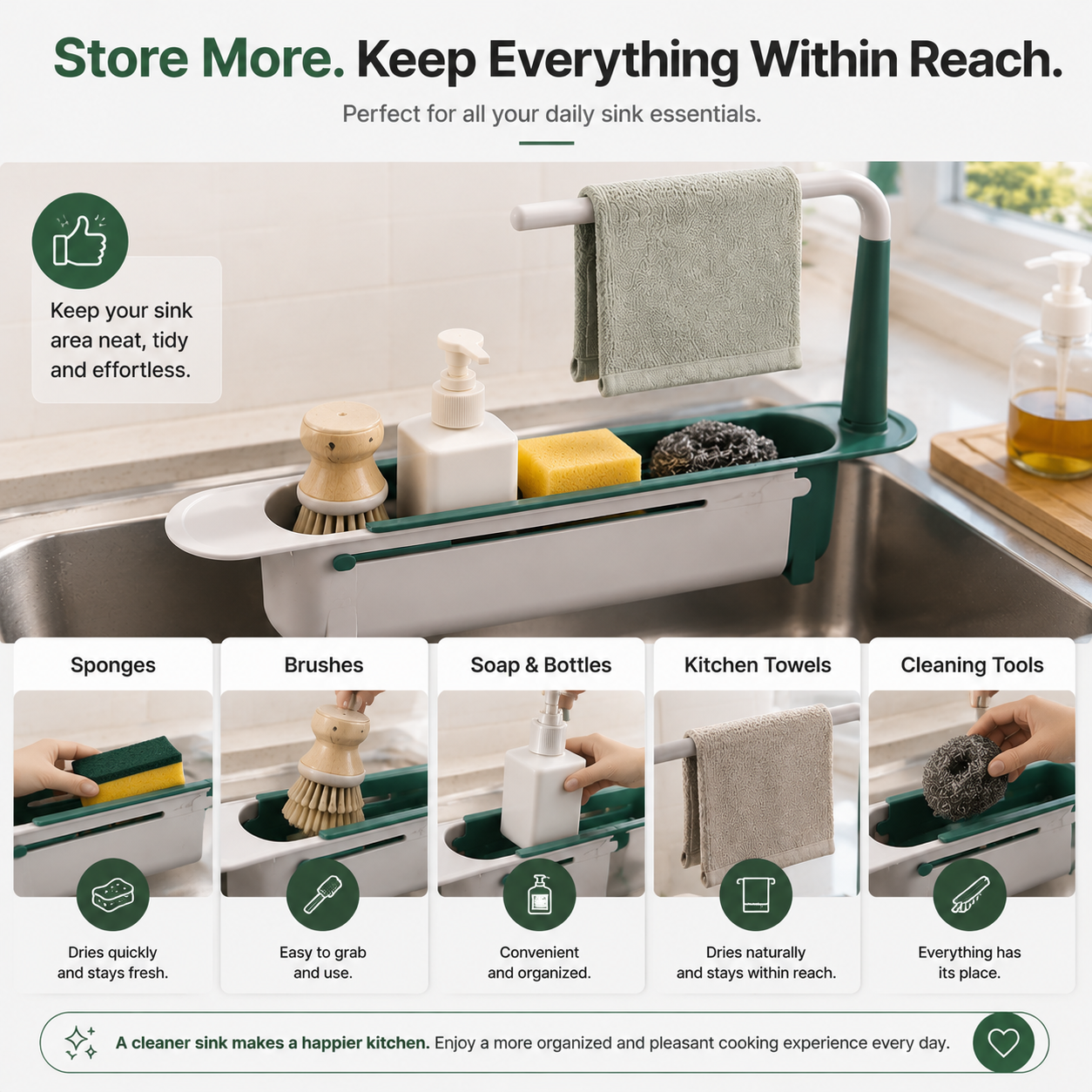 Sink organizer holding kitchen essentials