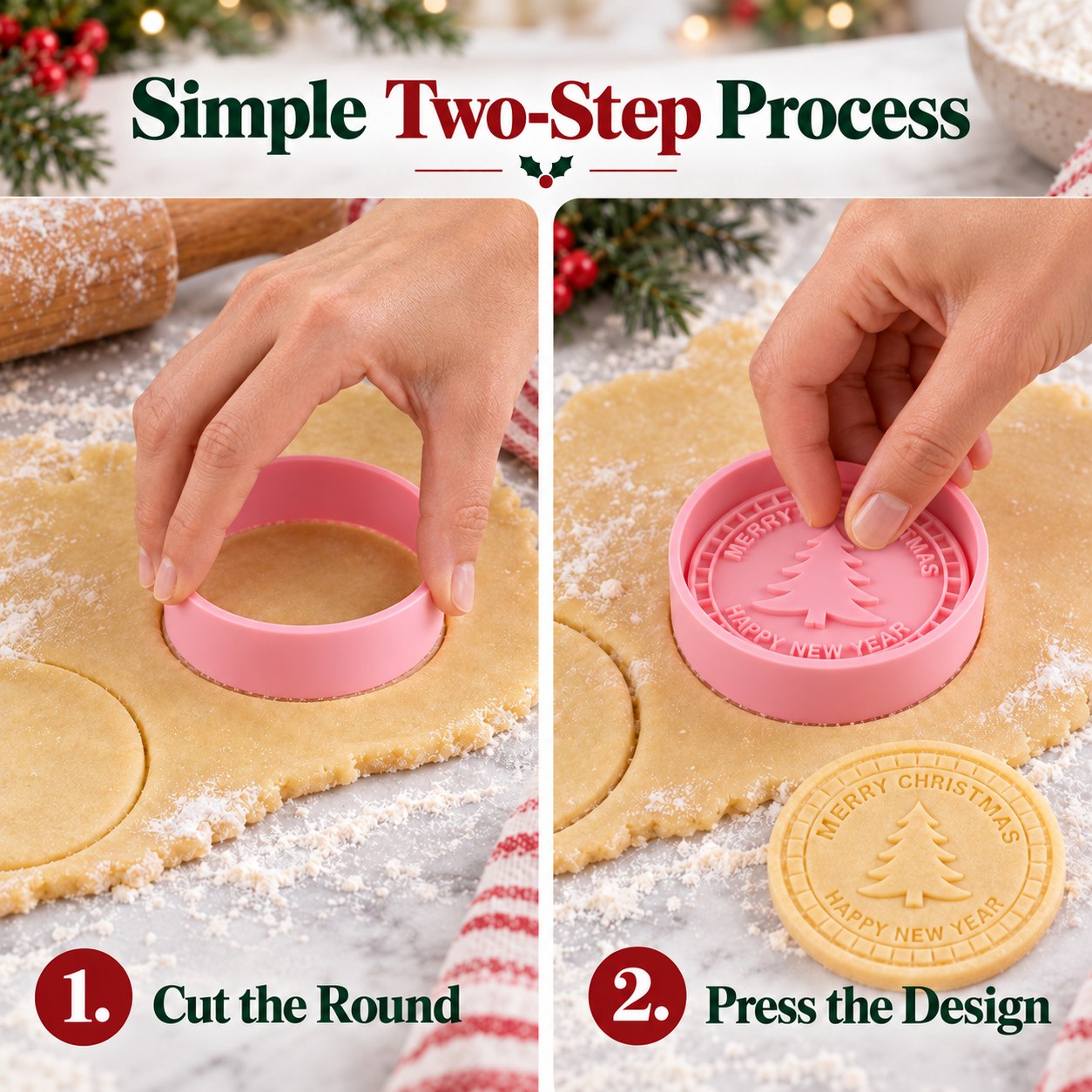 Two steps: cut a round with the outer ring, then press the chosen stamp into the dough.