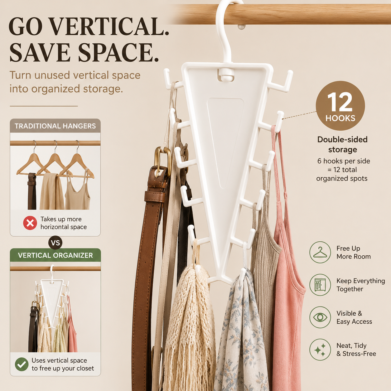 Double-sided 12-hook vertical closet storage hanger