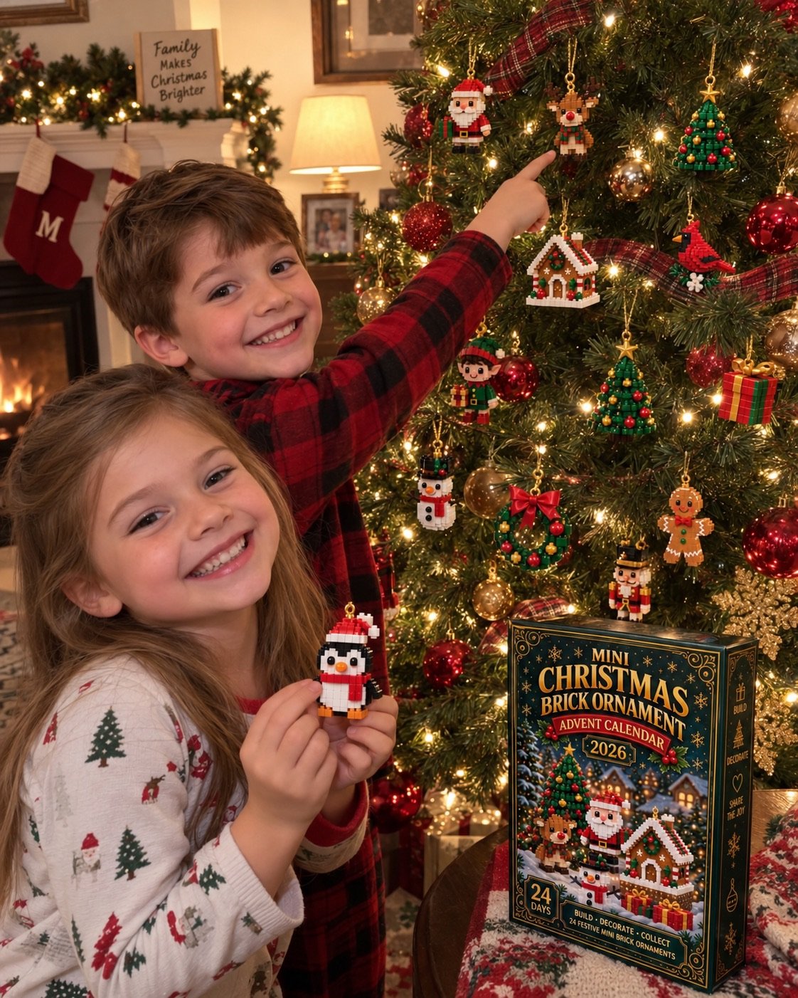 Two children show their favorite ornaments beside a decorated Christmas tree.