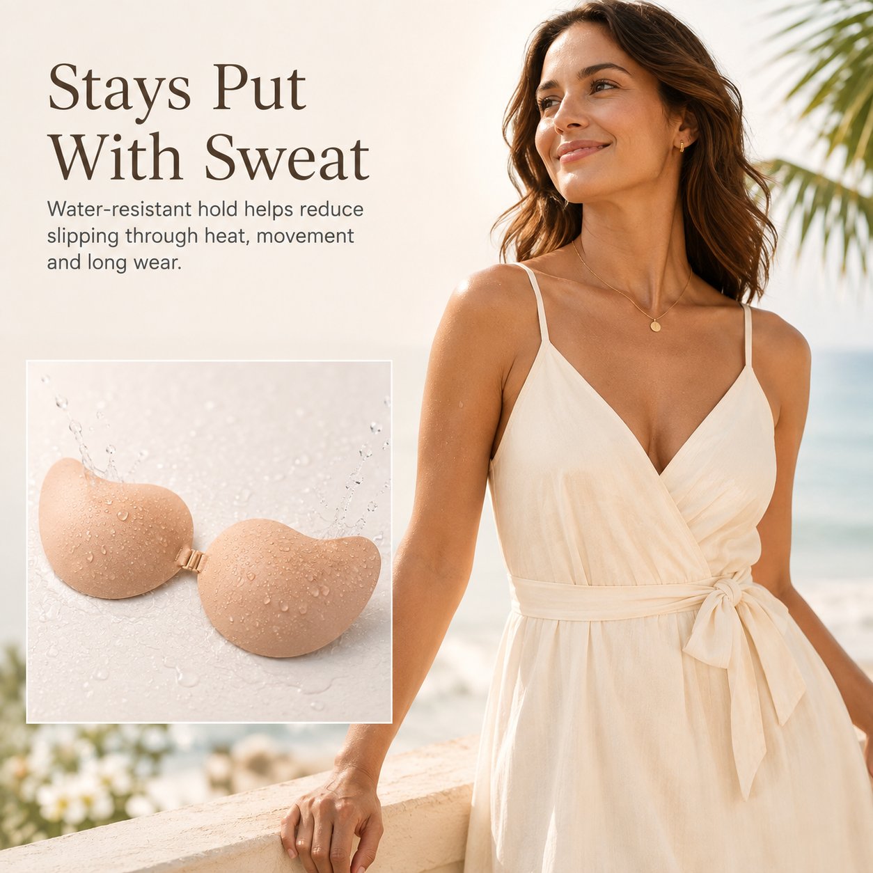 Water resistant adhesive bra shown with moisture droplets and warm weather outfit