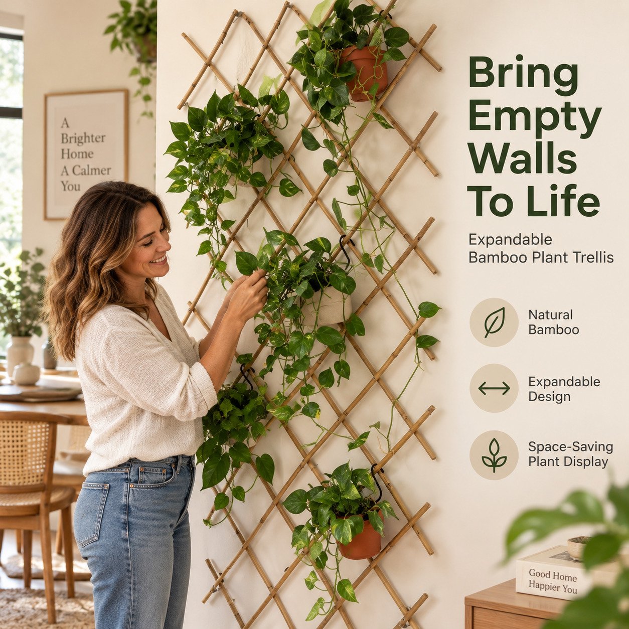 Expandable bamboo plant trellis turning an empty wall into a vertical plant display