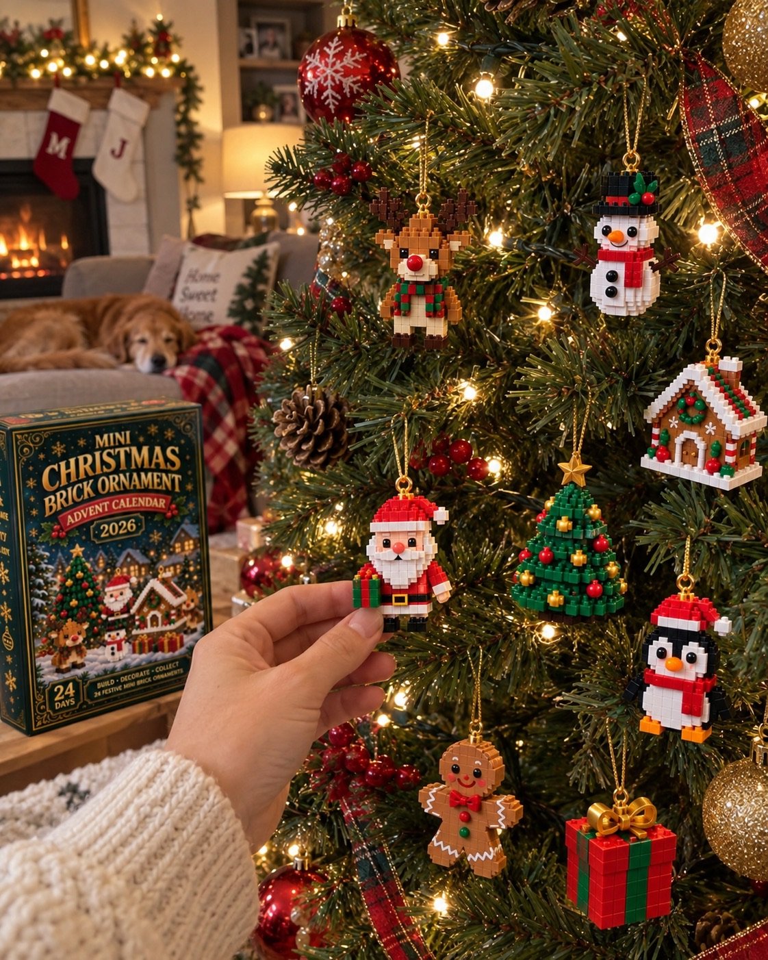 A hand holds a Santa ornament beside a tree decorated with Christmas brick ornaments.
