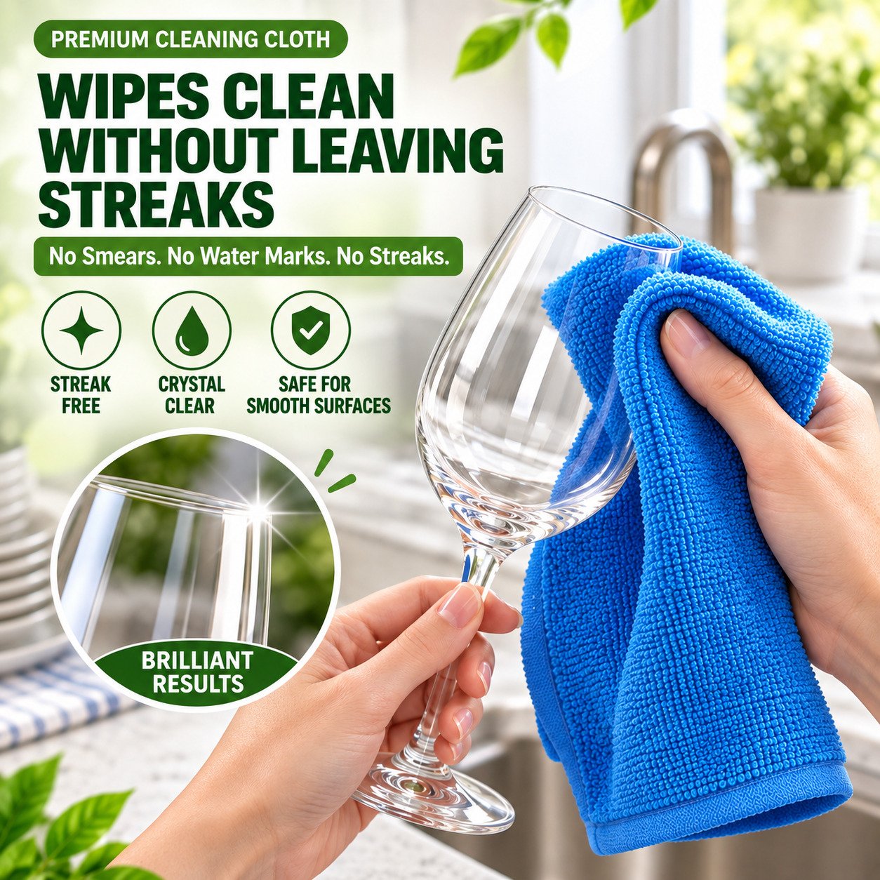 Kitchen cloth wiping glass clean without streaks