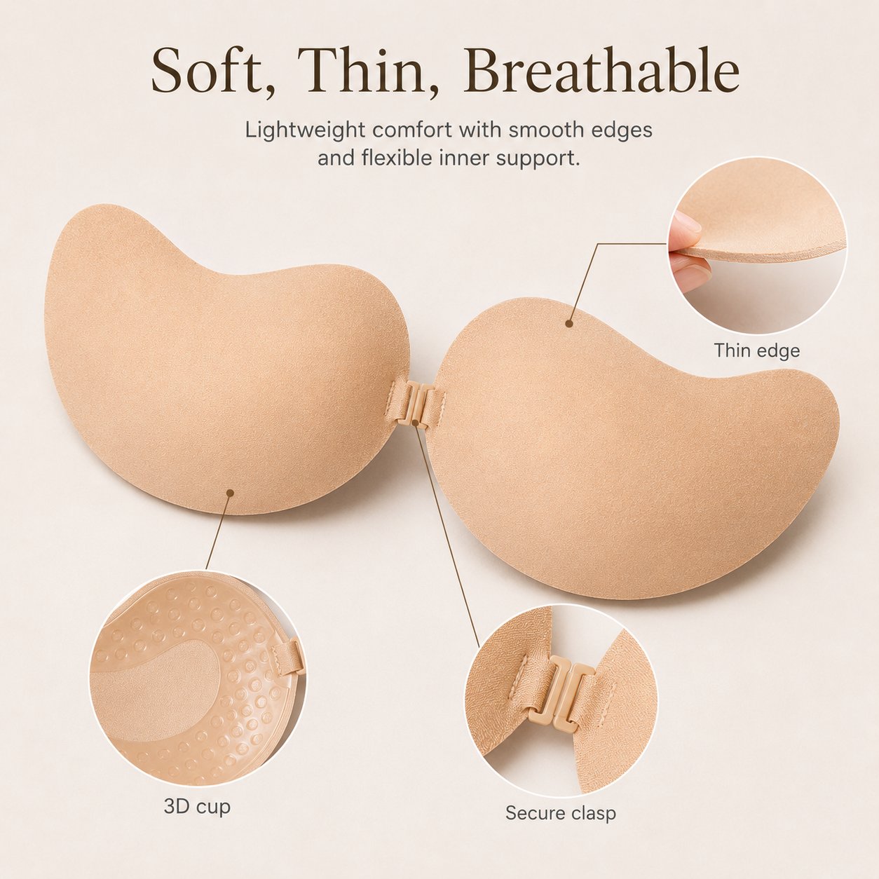 Close detail view of thin edge molded cup and secure front clasp on adhesive bra
