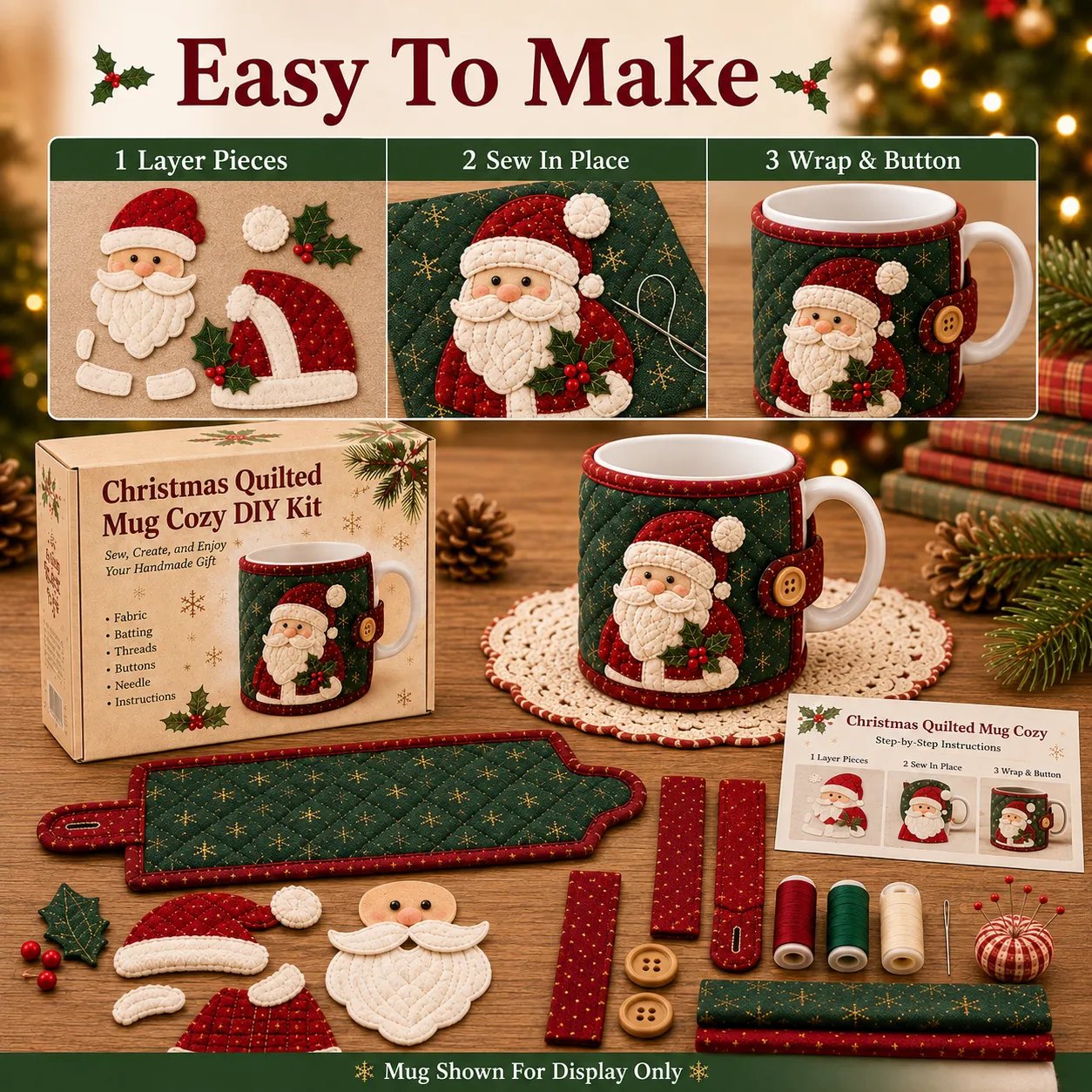 Easy Christmas mug cozy sewing steps