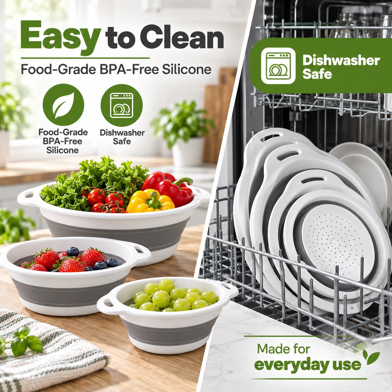Collapsible colanders for vegetables and meal prep