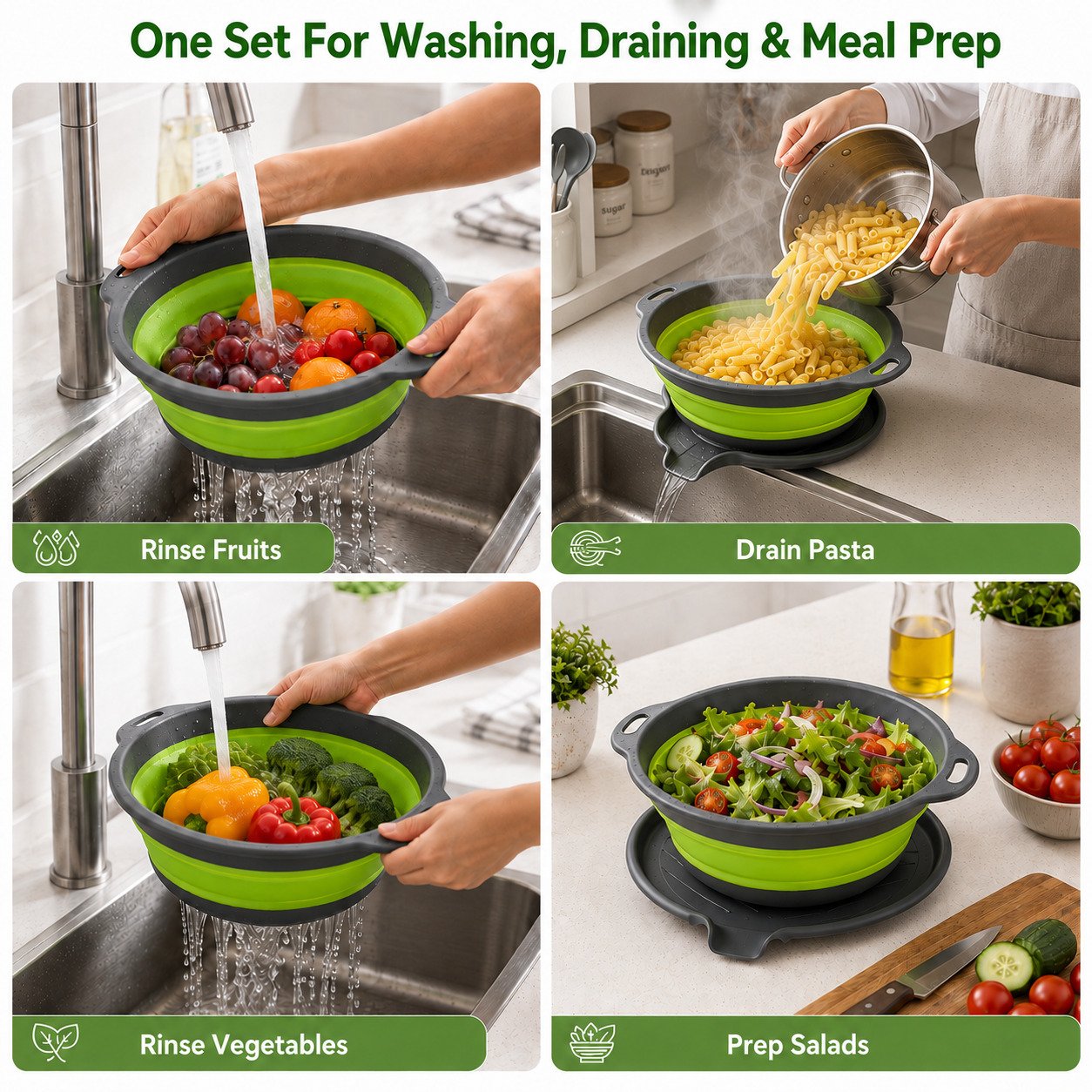 Collapsible draining bowls used for rinsing fruit vegetables draining pasta and preparing salad