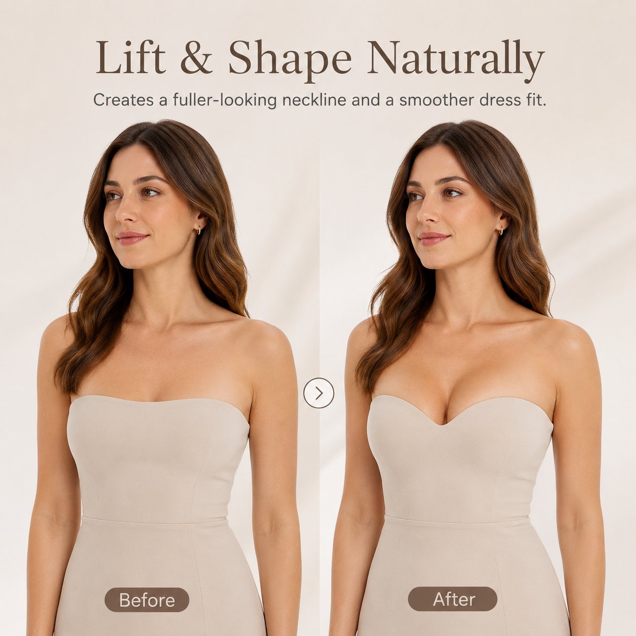 Before and after outfit comparison showing a smoother lifted neckline with adhesive support
