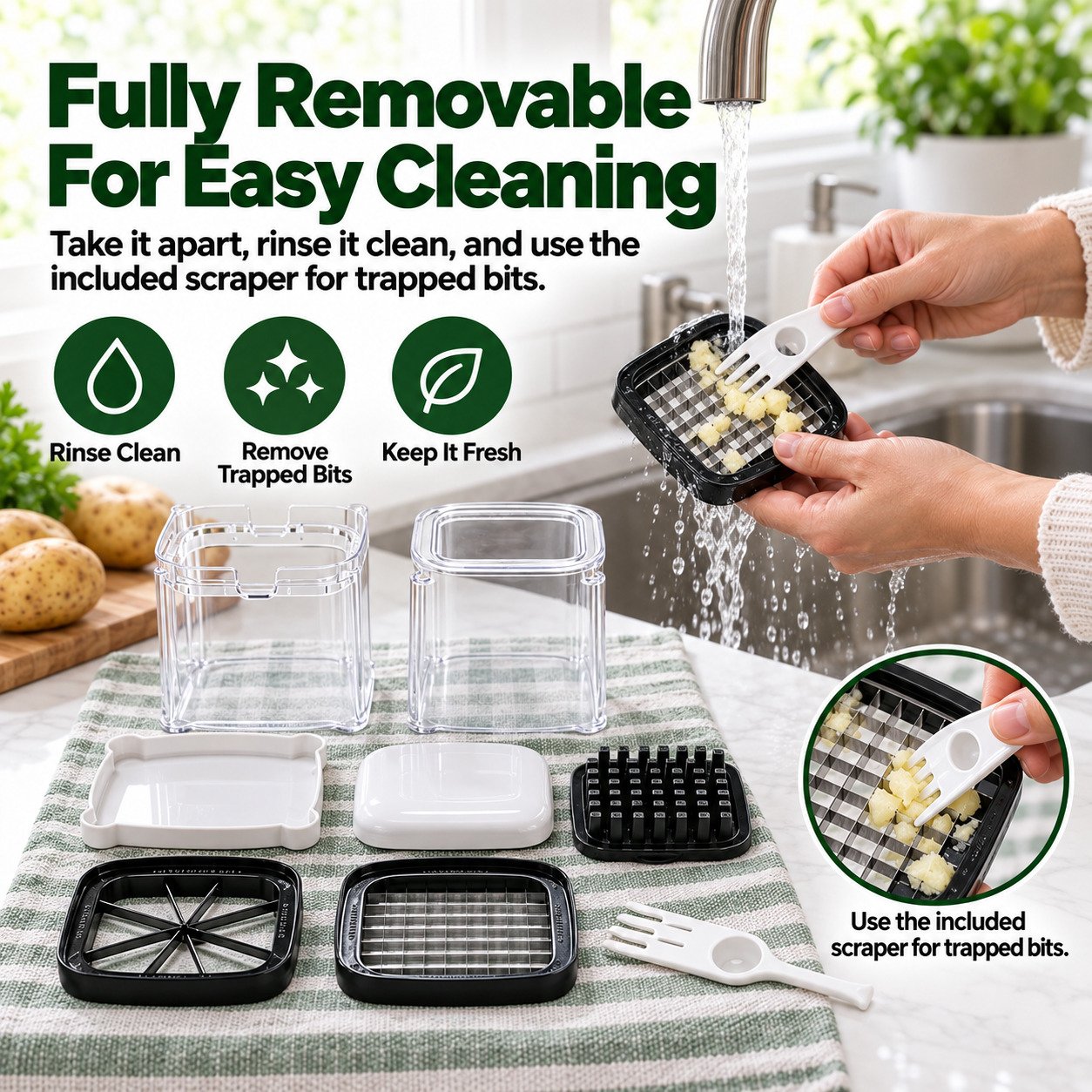 Removable vegetable cutter parts being rinsed and cleaned with included scraper