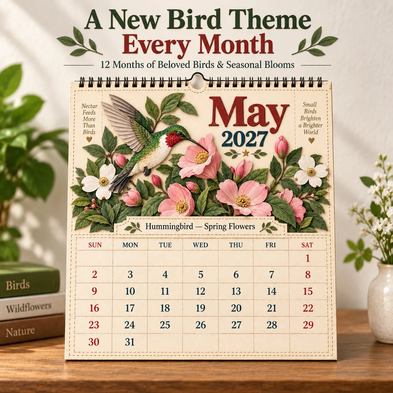 American birds and seasonal flowers calendar artwork