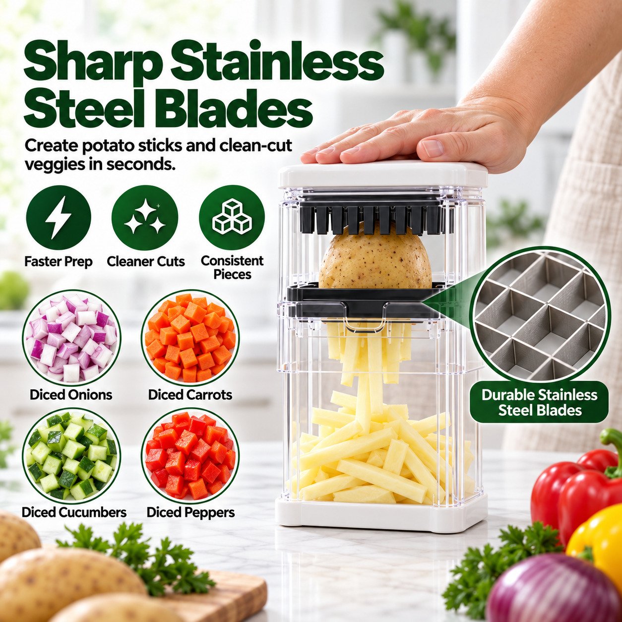 Sharp stainless steel blades cutting potatoes and vegetables