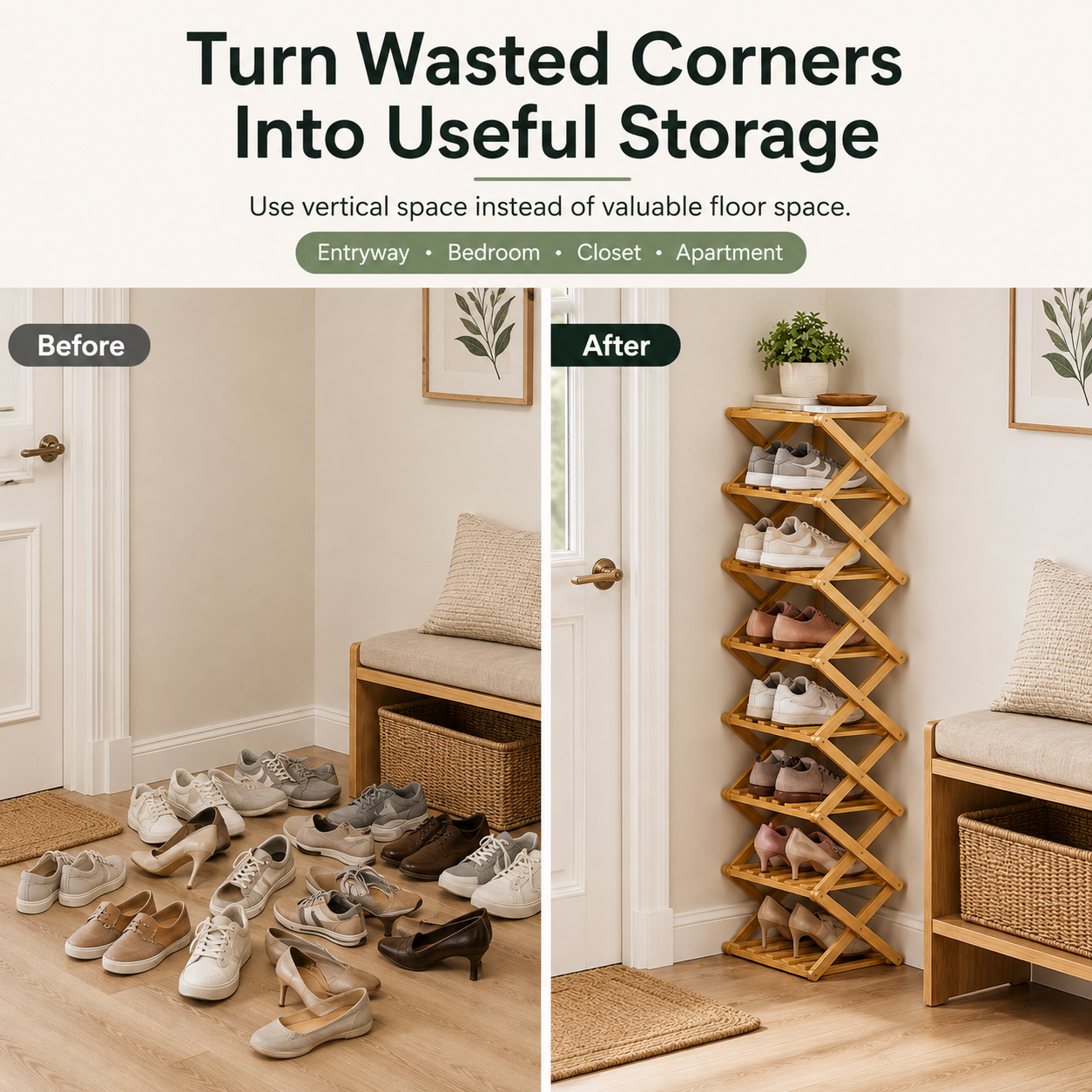 Foldable Bamboo Accordion Shoe Rack