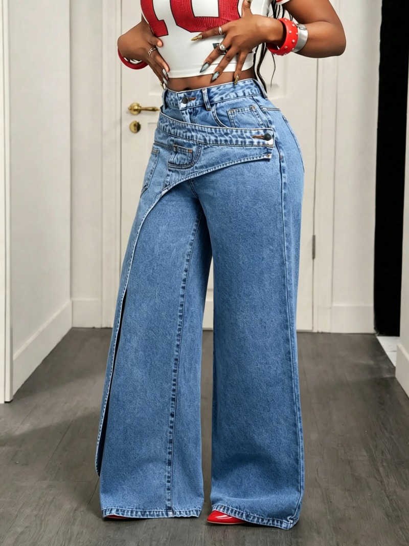 🔥 MID YEAR SALE 🔥 Women's Loose-Fitting Trendy Asymmetrical Design Casual Denim Long Pants