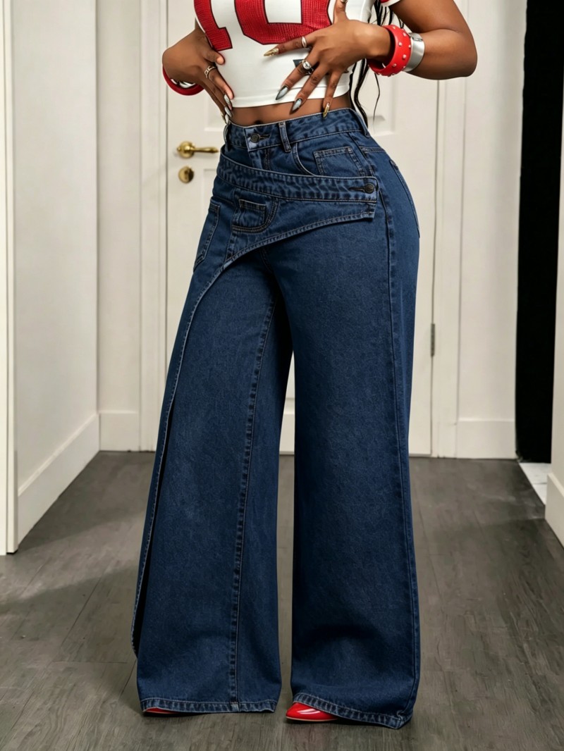 🔥 MID YEAR SALE 🔥 Women's Loose-Fitting Trendy Asymmetrical Design Casual Denim Long Pants