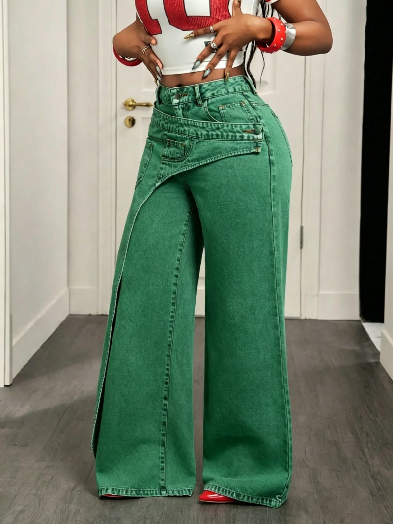 🔥 MID YEAR SALE 🔥 Women's Loose-Fitting Trendy Asymmetrical Design Casual Denim Long Pants