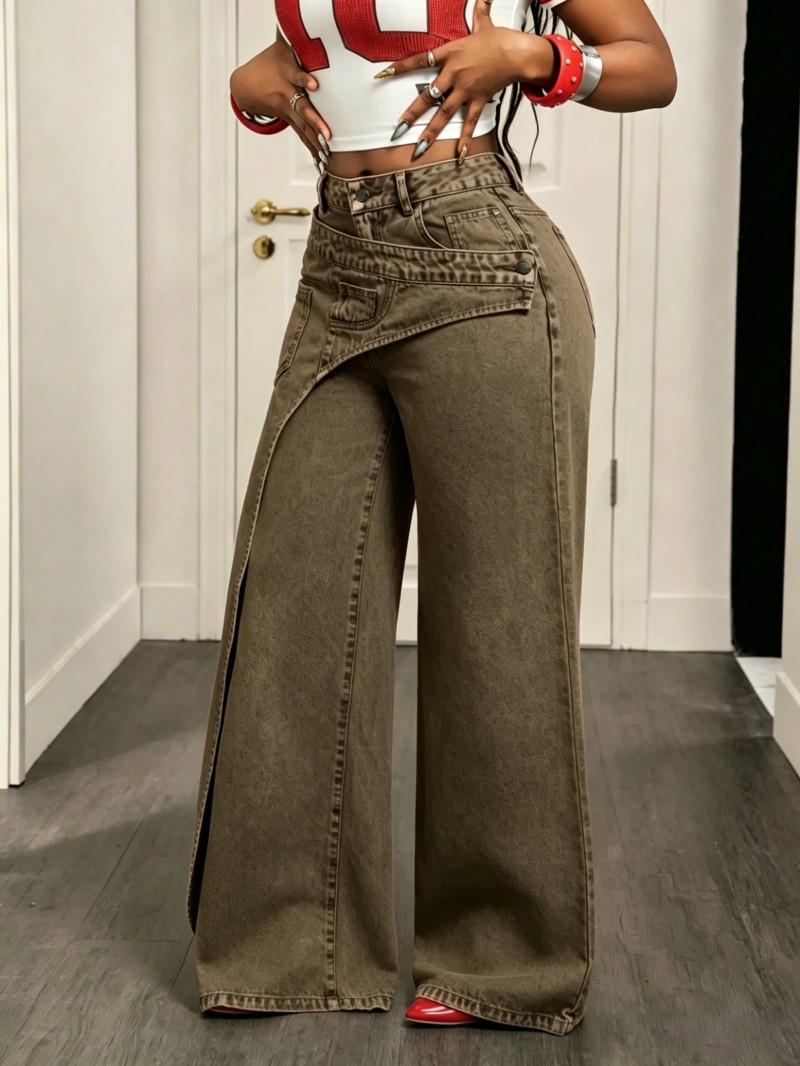 🔥 MID YEAR SALE 🔥 Women's Loose-Fitting Trendy Asymmetrical Design Casual Denim Long Pants