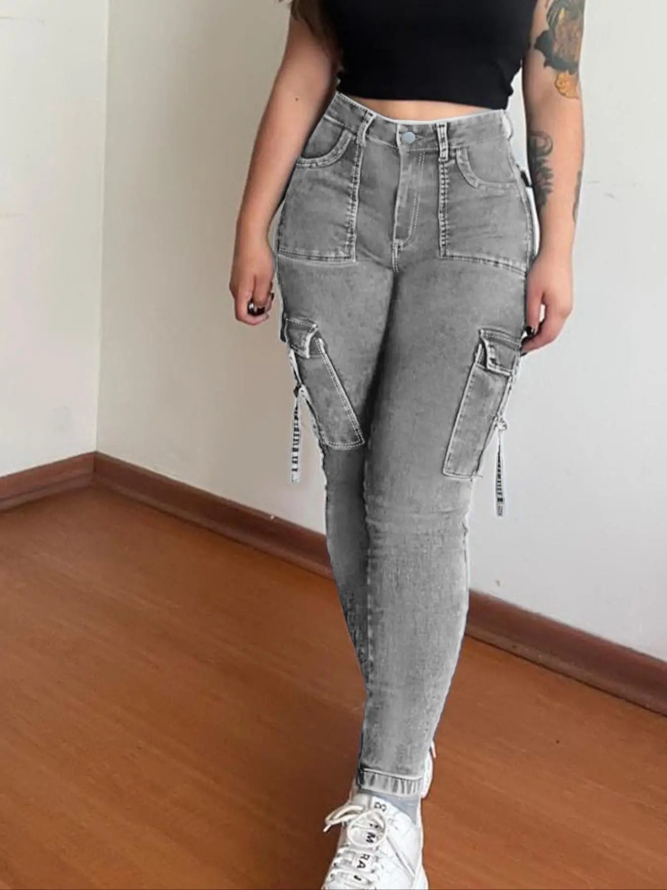 Plus Size Women's Y2K Tight Denim Cargo Pants