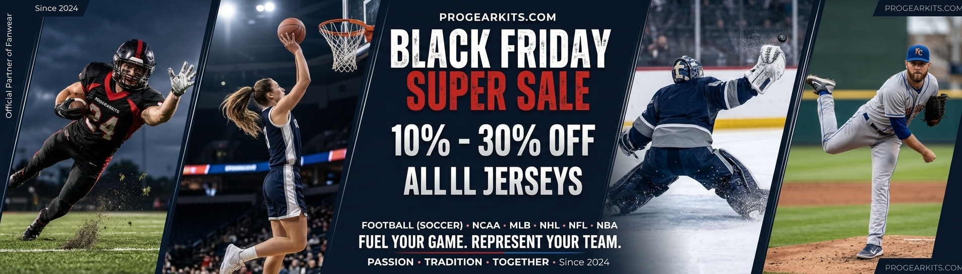 ProGear Kits Black Friday Super Sale banner offering 10% to 30% off authentic sports jerseys with fast US nationwide shipping for US sports fans. Featuring a cinematic, dark navy and black diagonal split-panel collage showcasing action shots of soccer, ba