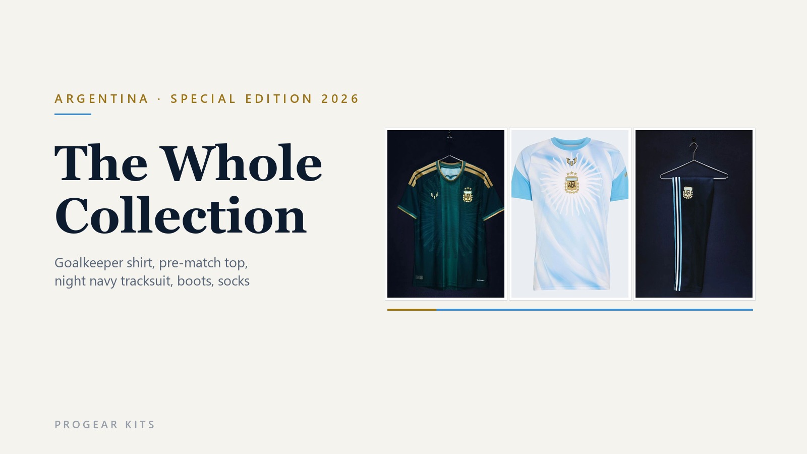 The Argentina special edition collection: the green goalkeeper shirt, the sky-blue pre-match top and the night navy track pants