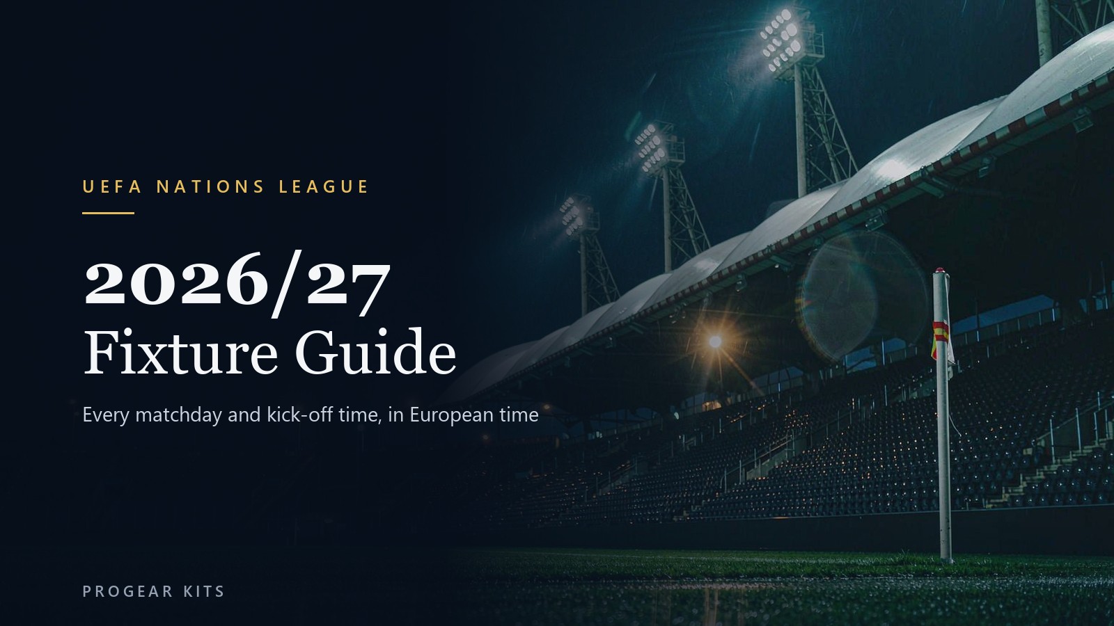 Floodlit European football stadium at night, empty stands and wet grass under the lights