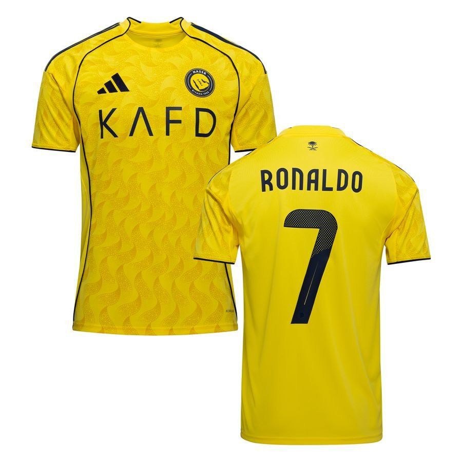 Al Nassr's yellow 2025/26 home shirt with RONALDO and the number 7 printed on the back, in men's, women's and youth sizes - ProGear Kits
