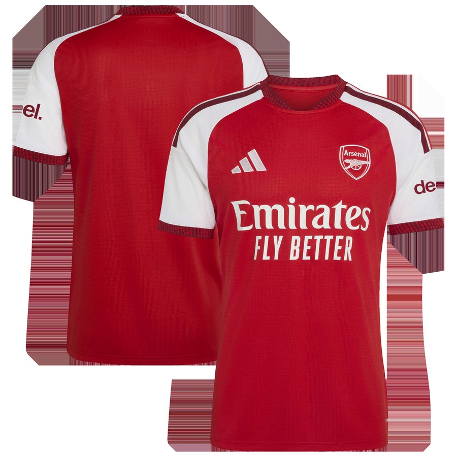 Arsenal's 2026/27 home shirt in red with white sleeves, front view, in men's, women's and youth cuts - ProGear Kits