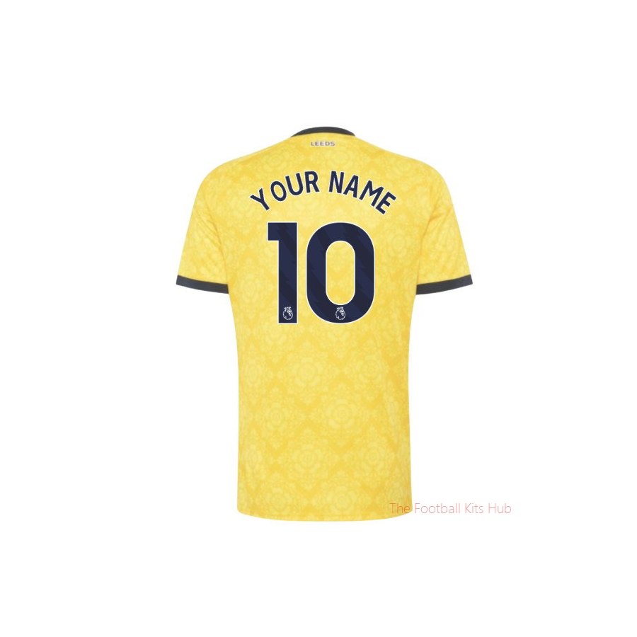 Leeds United's 2026/27 away shirt in yellow with a blue number ten on the back, in men's, women's and youth cuts - ProGear Kits
