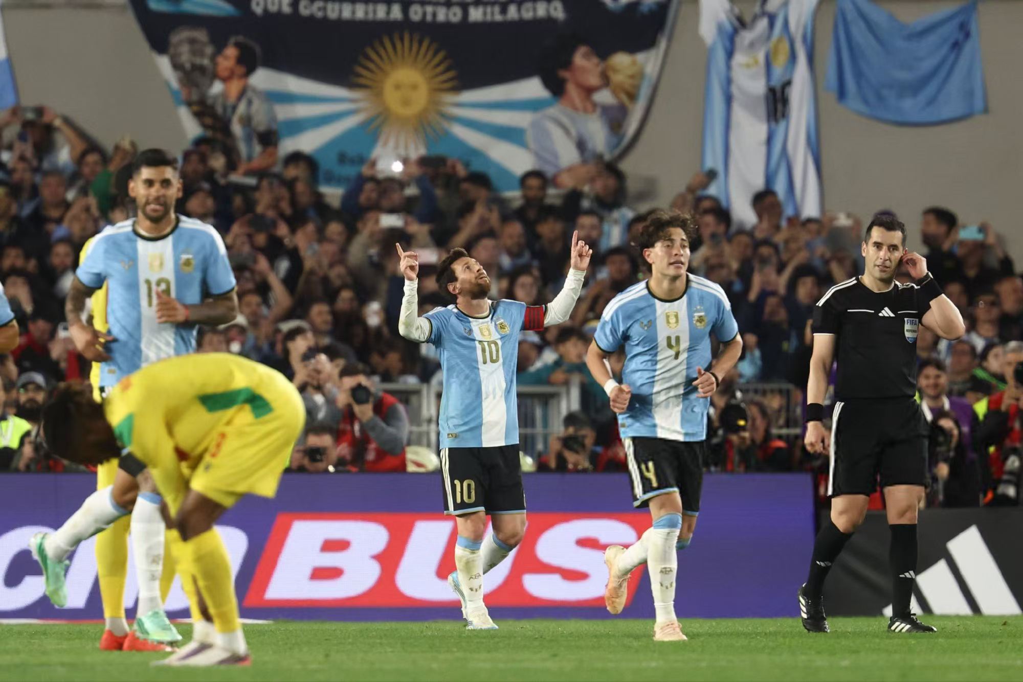 Argentina players celebrating a goal together during the farewell match in Buenos Aires