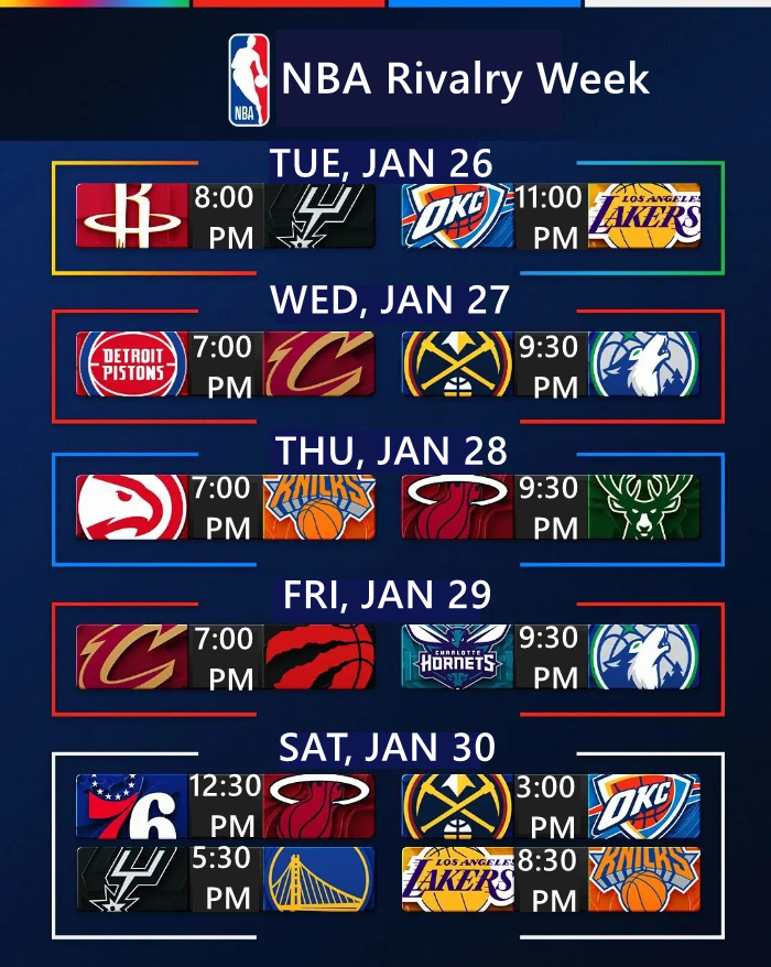 NBA Rivals Week 2026-27: twelve games from Tuesday, January 26 to Saturday, January 30, 2027