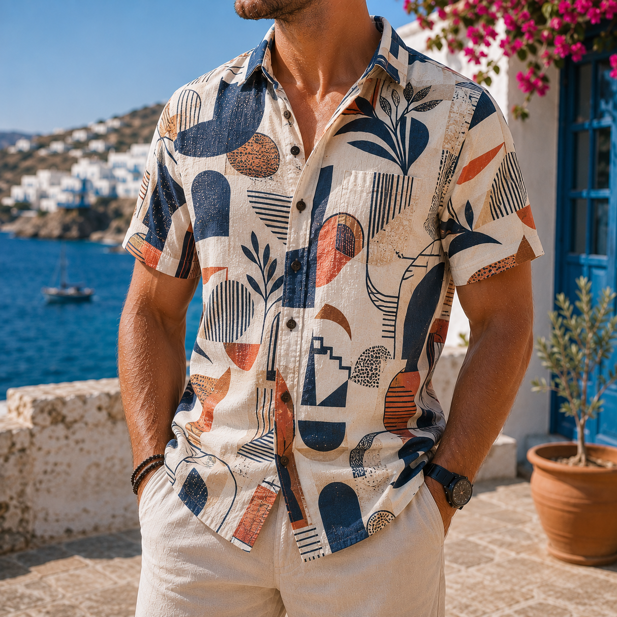 Men's Vintage Tropical Print Short-Sleeve Shirt – Casual Beach Vacation Style – 22
