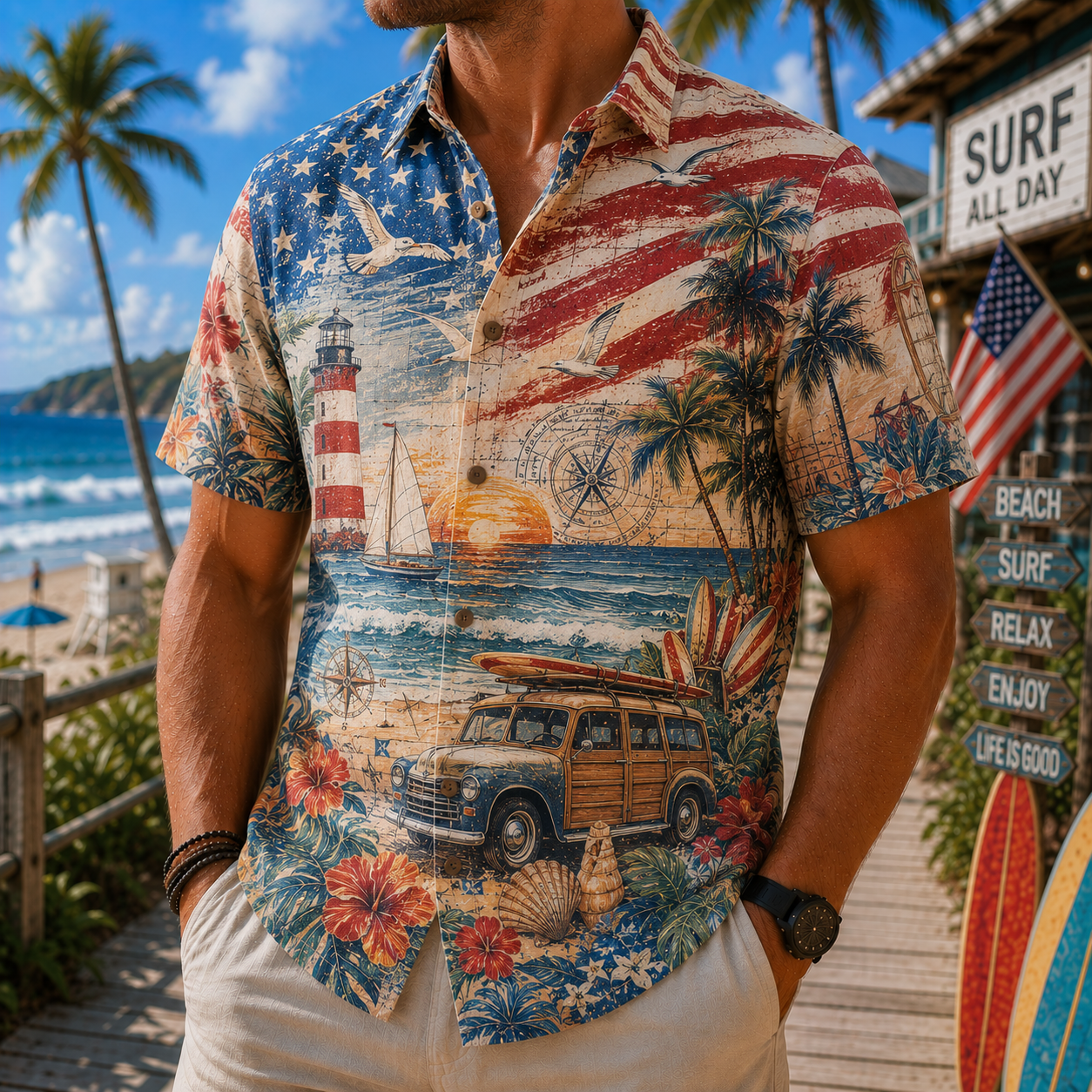 Men's Vintage Tropical Print Short-Sleeve Shirt – Casual Beach Vacation Style – 45