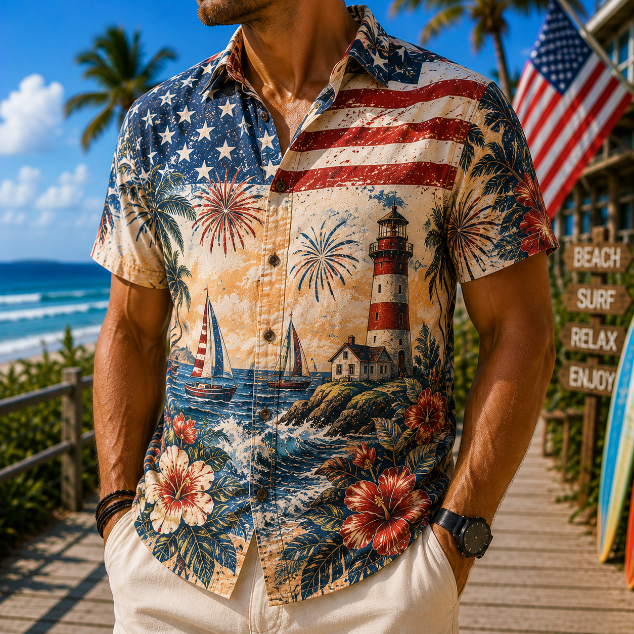Men's Vintage Tropical Print Short-Sleeve Shirt – Casual Beach Vacation Style – 59