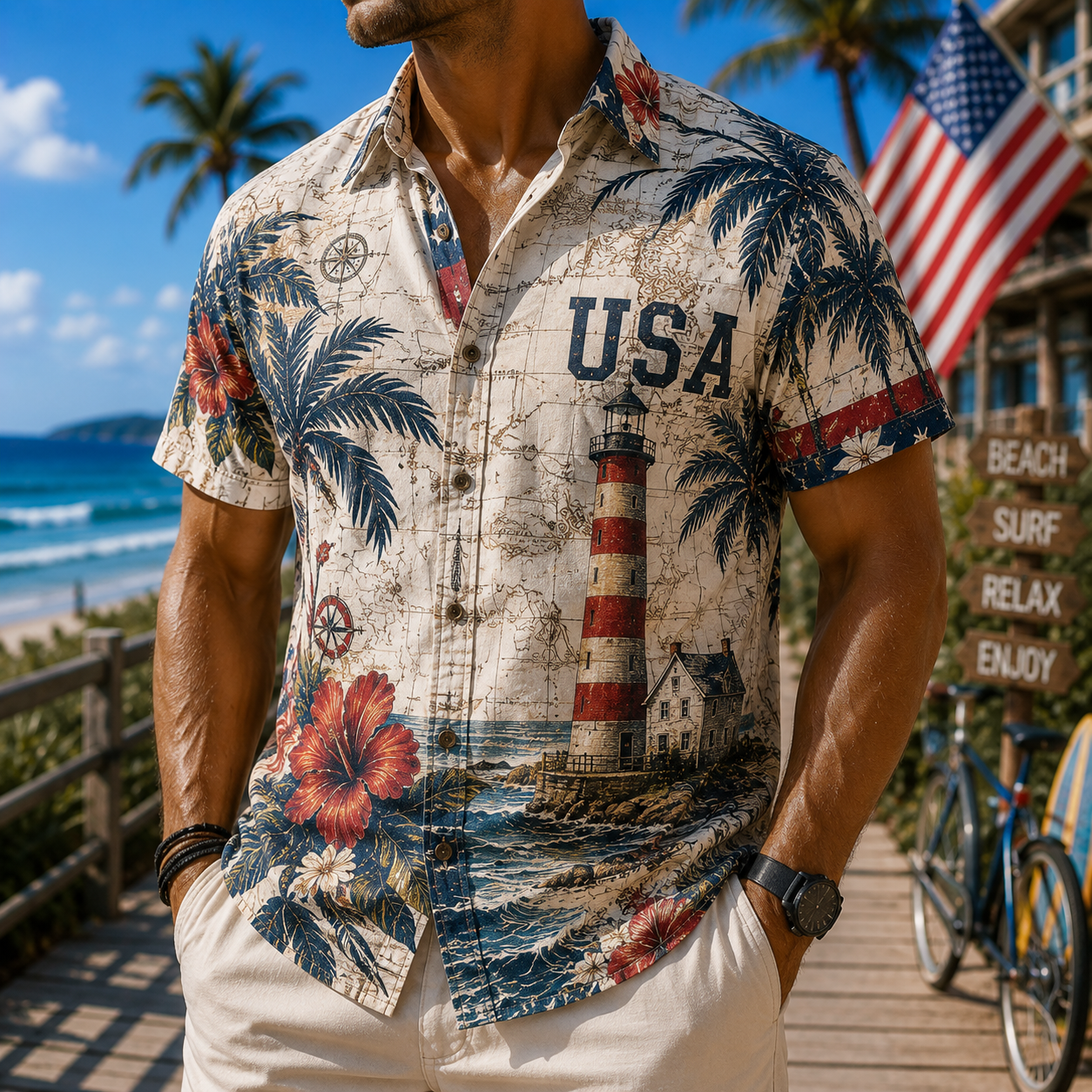 Men's Vintage Tropical Print Short-Sleeve Shirt – Casual Beach Vacation Style – 63